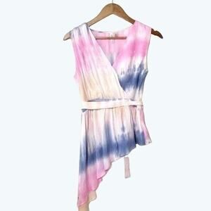 Versona Asymmetrical Tie-Dye Pink/Blue V-Neck Top with Belt Size Small